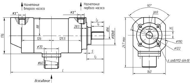 розміри насоса 2-поточного НПл 6,3 МПа габарита 2+2