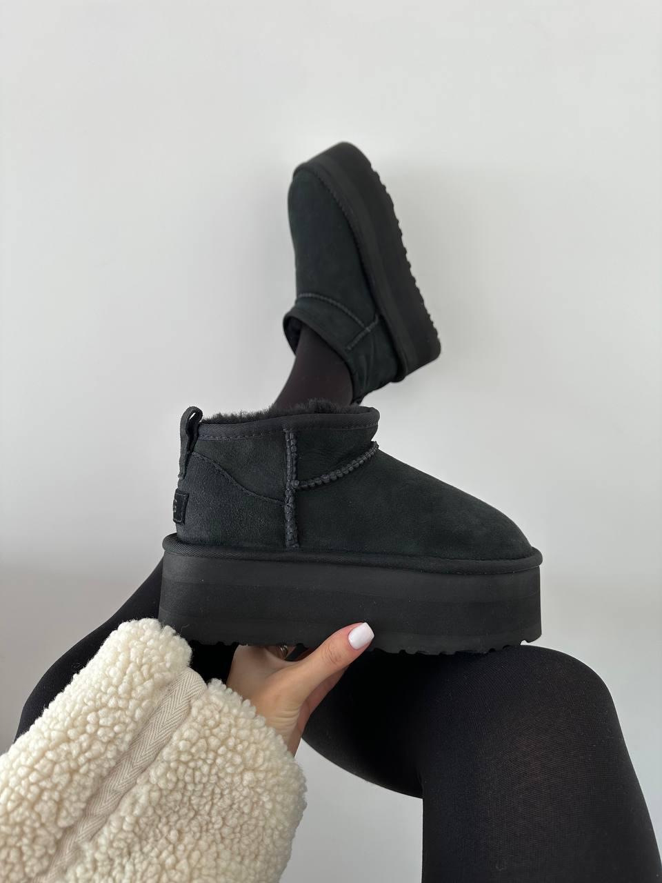 Уги жіночі Ugg Ultra Mini Platform Black чорні ультрамін замшеві натуральні на платформі
