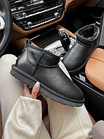 Угги женские Ugg Ultra Mini Black черные ультра мини короткие кожаные натуральные с мехом