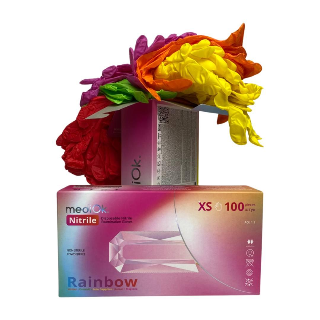 Рукавички одноразові нітрилові без пудри Mediok Rainbow 100 шт, мікс п'яти кольорів, 3.8 грами Розмір XS