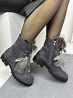 Зимние женские ботинки Berloni M229 серые натуральный мех 41