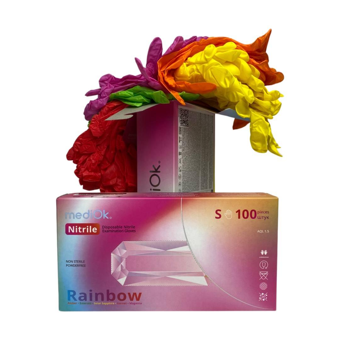 Рукавички одноразові нітрилові без пудри Mediok Rainbow 100 шт, мікс п'яти кольорів, 3.8 грами Розмір S