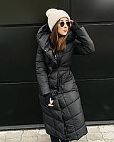 Женская зимняя теплая длинная куртка пуховик пальто с капюшоном и поясом