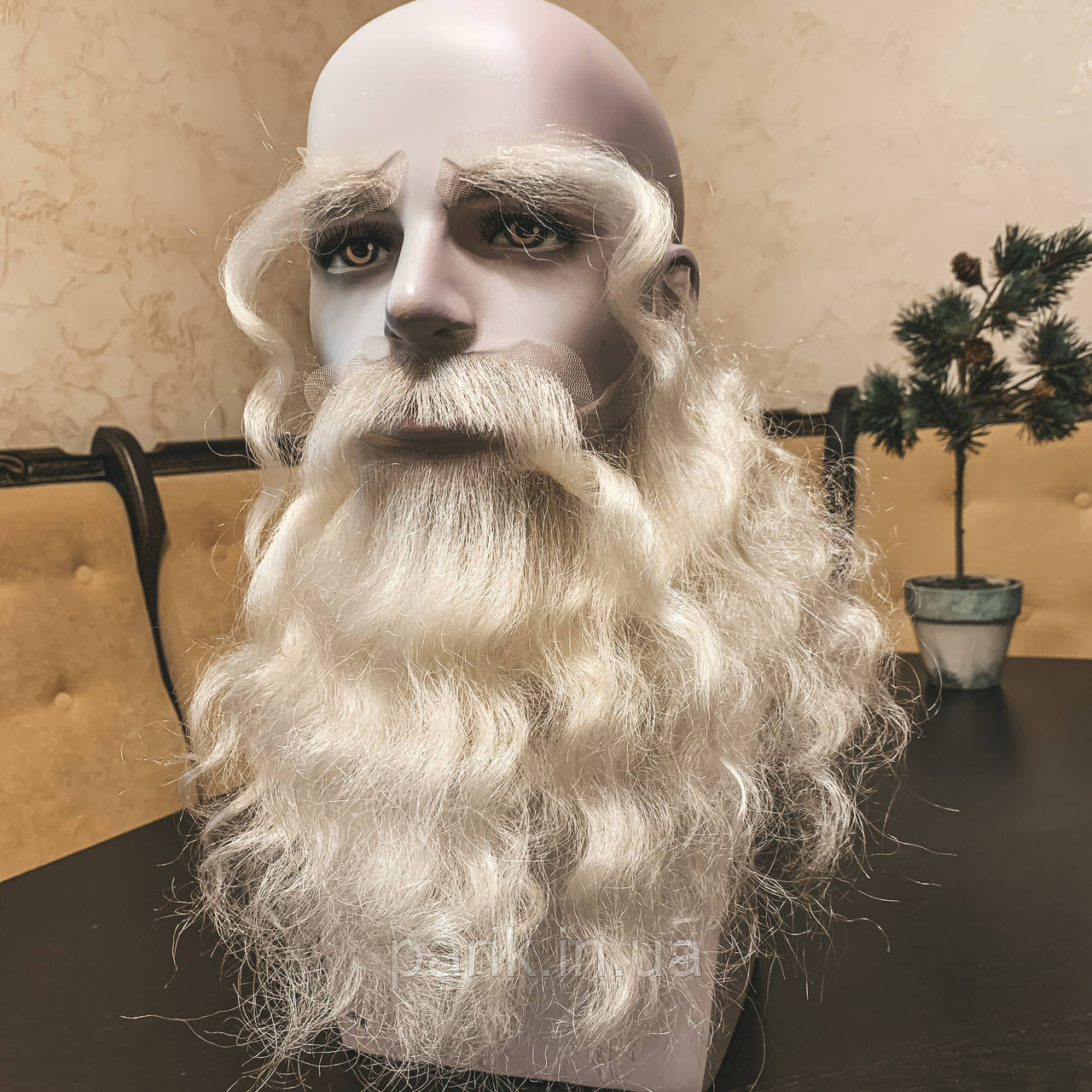 Борода та вуса, брови Діда Мороза реалістичні білі — накладка на сітці сивого кольору