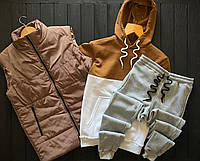 Спортивный костюм зимний мужской бежево горчичный/Комплект жилетка худи штаны утепленный с начесом повседневный
