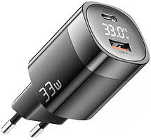 Мережевий зарядний пристрій з дисплеєм Essager 33W GaN III PD USB-C+USB-A (JT-P18) Black
