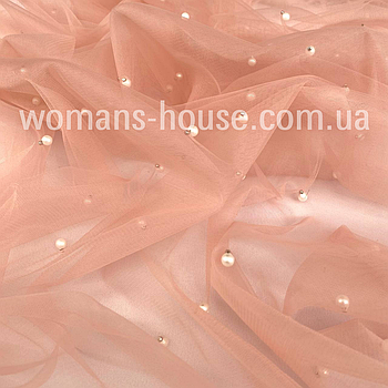 Сітка з перлами стрейч Пудра