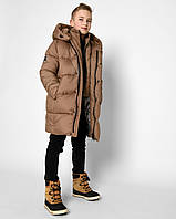 Детская теплая длинная зимняя куртка пуховик на мальчика наполнитель эко пух до -25 от 6-17 р Коричневый, 158-164