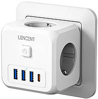 Зарядний пристрій трійник LENCENT 3 розетки з вимикачем + 1Type-C + 3 USB ( PA037EU )