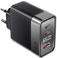 Зарядний пристрій Toocki 65 Вт GaN з цифровим дисплеєм і PD + QC (TCT65-05EU) Black