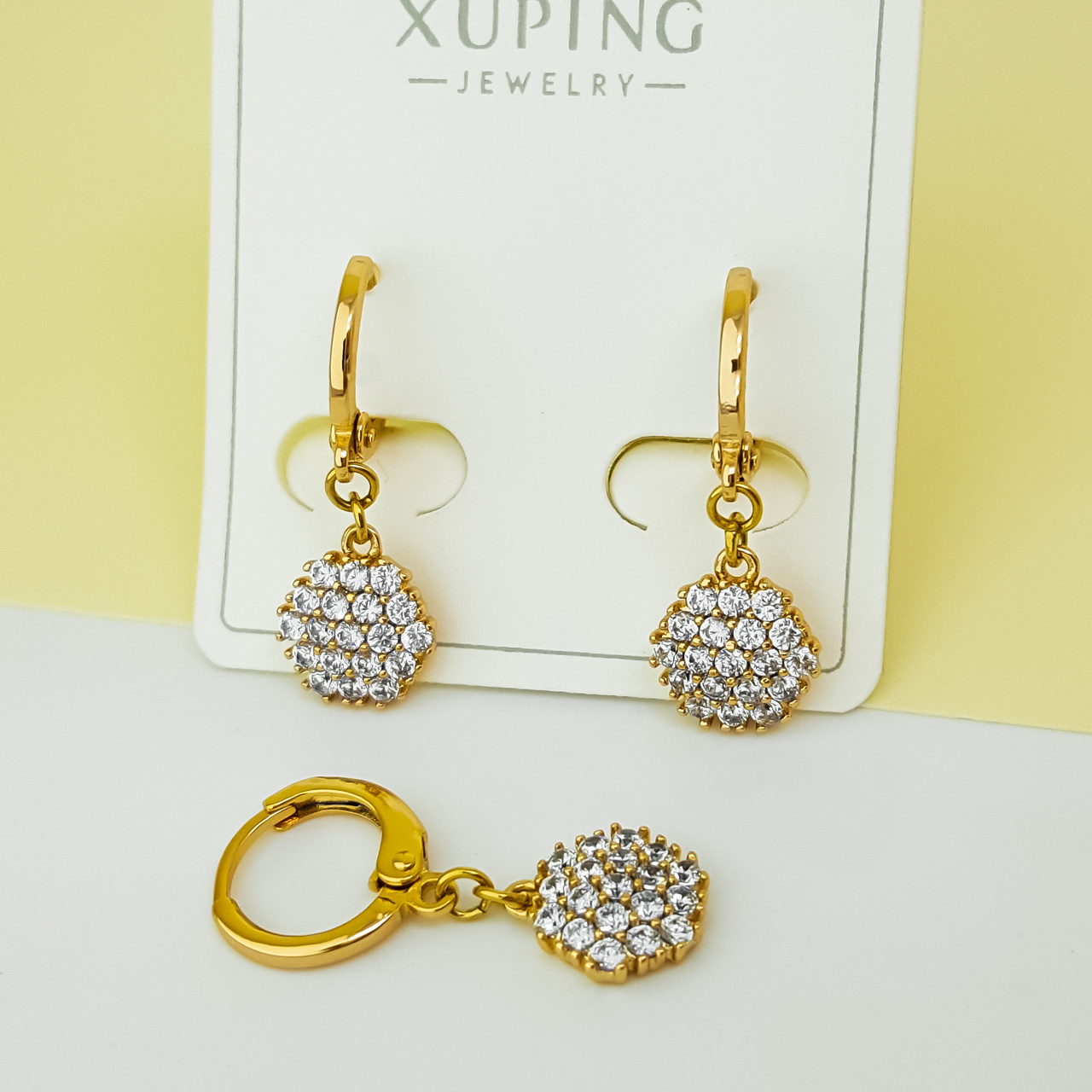 Сережки підвіски, "Шестикутник" у розсипі каміння, медичне золото Xuping 18К
