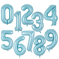 Цифри 0 1 2 3 4 5 6 7 8 9 голубі 32" індивідуальна фабрична упаковка кульки фольговані