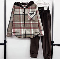 Костюм стильный ,теплый,подростковый ,рубашка в клетку с капюшоном и штаны , кашемир+велюр