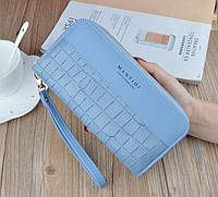 Блакитний жіночий гаманець горизонтальний під рептилію, місткий гаманець на блискавці екошкіра блакитний