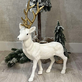 Новорічний олень білий із золотими рогами, фігурка під ялинку, 39 см із велюровим покриттям