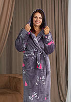 Сірий махровий довгий халат з капюшоном Котики