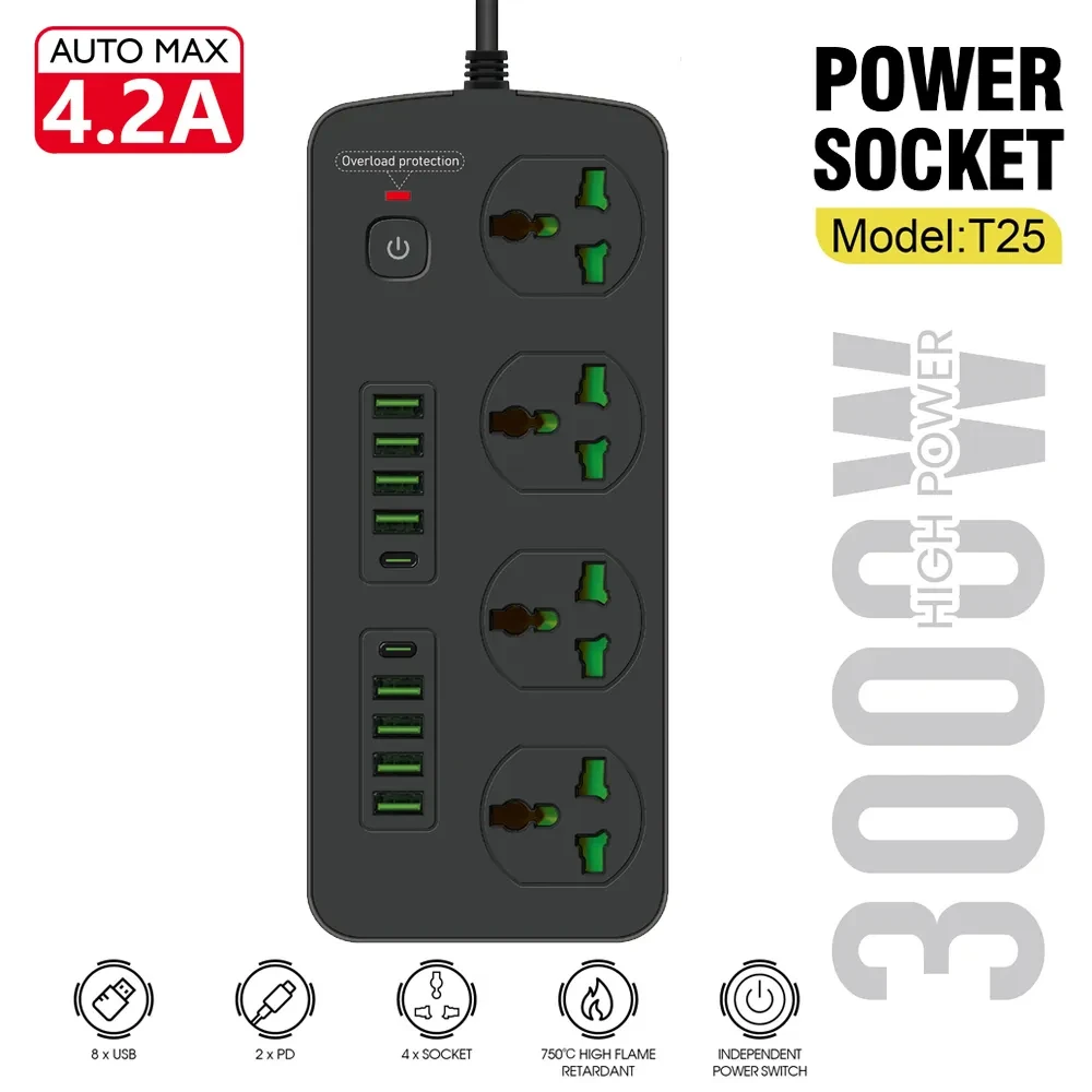 Мережевий фільтр живлення Power Socket T25 4 розетки + 8 USB + 2Type-C PD, 2m мережевий подовжувач розеток, чорний