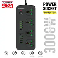 Мережевий фільтр живлення Power Socket T25 4 розетки + 8 USB + 2Type-C PD, 2m мережевий подовжувач розеток, чорний