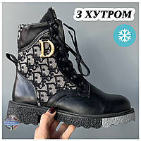 Женские зимние ботинки Christian Dior Boots Black Winter Fur с мехом, черные кожаные сапоги кристиан диор