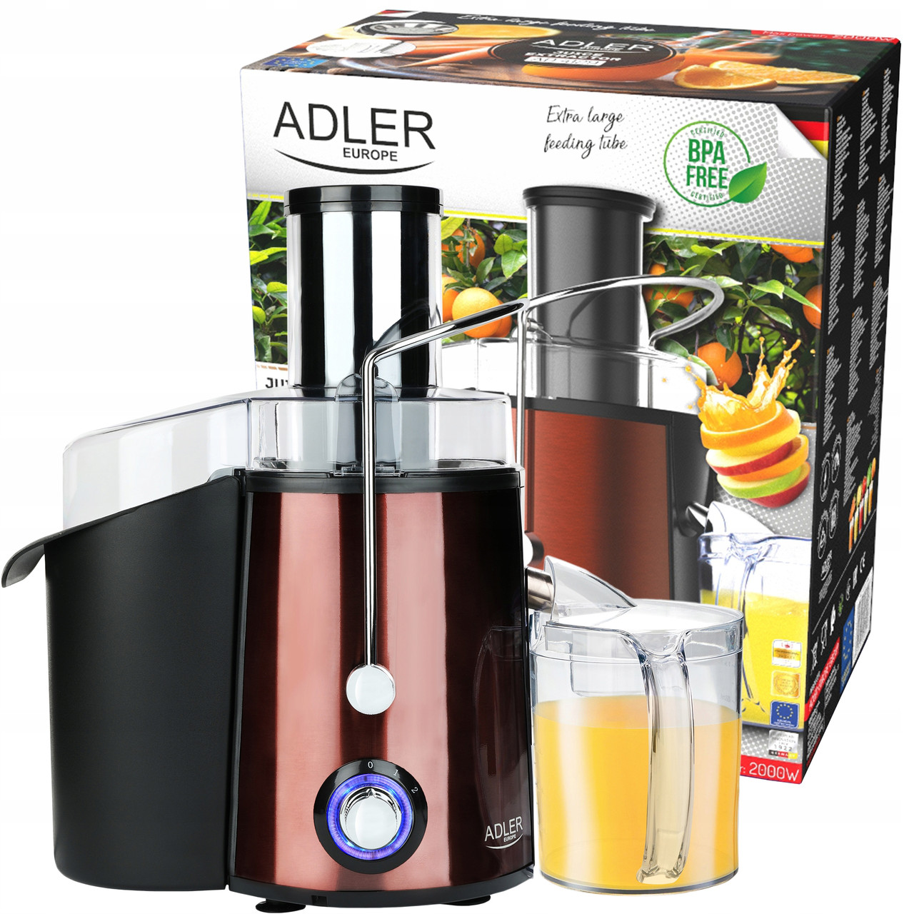 Соковижималка Adler AD 4129 Copper — 2000 Вт, 2 швидкості, 1 л соку, фото 1