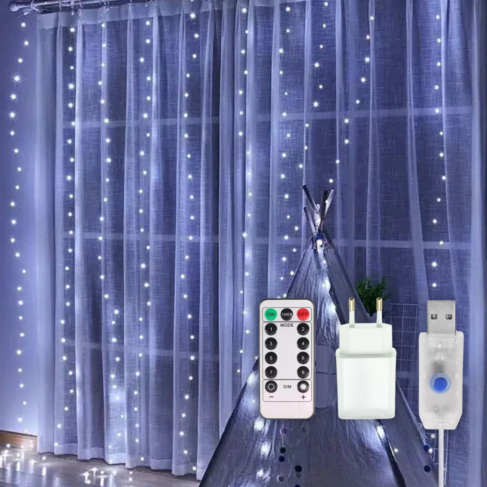 Гірлянда штора "Роса" з пультом ДК, 3x3м, від USB та мережі 220V, 300 LED, 8 режимів, IP44