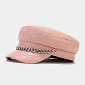 Кепі жіноча рожева, стьобана, з ланцюжком, шкірозамінником