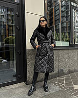 Женское зимнее стеганое пальто под пояс с мехом Стокгольм черное