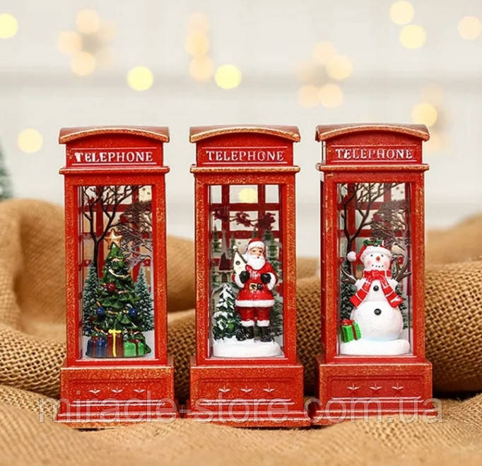 Новогодний светильник "Telephone" London красная телефонная будка с Сантой / Снеговиком / Елкой 12*4.5 см - фото 4 - id-p2021935104