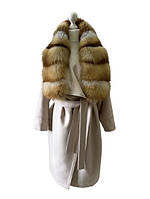 Элегантное Бежевое пальто без подкладки с воротником из натурального меха лисы 46 RO-27005