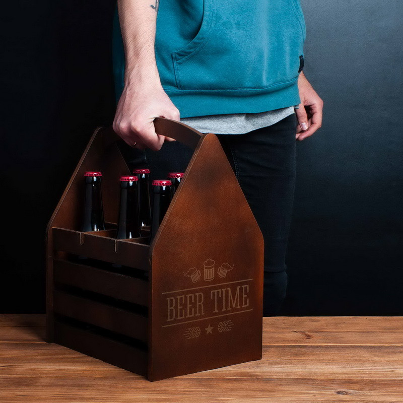 Ящик для пива "Beer time" для 6 пляшок, Тоноване дерево, англійська, фото 1