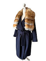 Елегантне Синє пальто без підкладки з коміром із натурального хутра лисиці 46 RO-27023