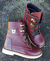 Дитячі зимові черевики ортопедичні з натуральної шкіри на шнурівці з блискавкою бордові р.23-36
