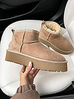 Бежевые замшевые женские Угги UGG Ultra Mini Platform Beige на платформе