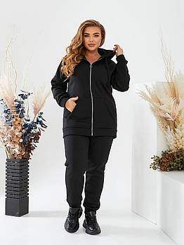 Спортивний теплий жіночий костюм (кофта з капюшоном на блискавці + штани на резинці) у великих розмірах, чорний