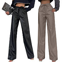 Р. 42 до 56 Брюки женские из экокожи на флисе, молодежные штаны трендовые утепленные из кожзама широкие модные