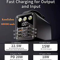 Power Bank Konfulon A28Q 60000mah с мощным фонарем, быстрая зарядка 22.5w портативная батарея