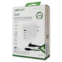 Мережний адаптер AceFast A37 GaN3 PD100W 3 USB-C 1USB з кабелем Type C to Type C 2 м білий