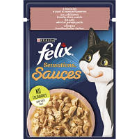 Популярний! Вологий корм для кішок Purina Felix Sensations Sauces з лососем у соусі зі смаком креветок 85 г (7613039836026) -