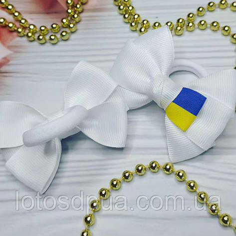 Дитячий бант український на резинкі для волосся (бантик білий жовто-синій ручної роботи шкільні білі банти канзаші), фото 3