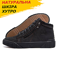 Кожаные мужские ботинки зима на меху, черные зимние ботинки высокие на молнии натуральная кожа *Б-10122 ч/кор*