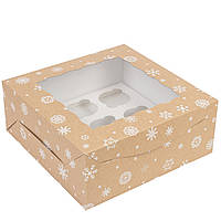 Коробка для капкейків з вікном 250х250х100 (на 9 шт), "Сніжинка" крафт