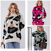 Женский теплый свитер с леопардовым принтом удлиненный