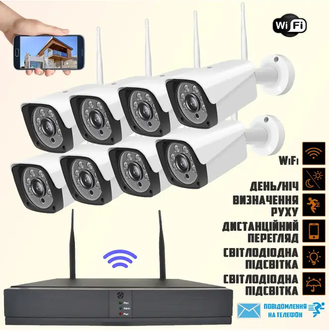 Реєстратор + Камери DVR KIT 6678 WiFi 8ch набір на 8 камер, Комплект відеоспостереження DVR KIT 6678 WiFi 8ch, фото 1