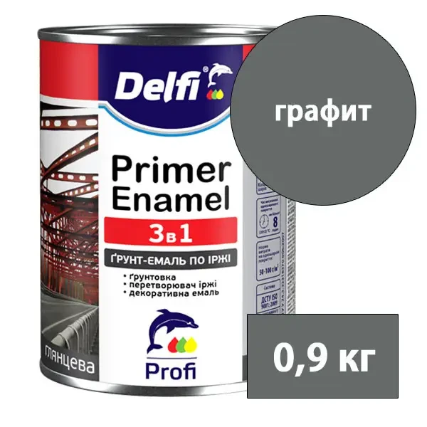 Ґрунт-емаль на іржу 3 в 1 Delfi 0,9 кг (графіт) для захисту від корозії та декоративної оздоблення