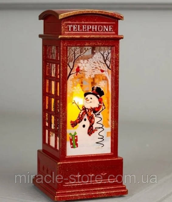 Новогодний светильник "Telephone" London красная телефонная будка со Снеговиком 12*4.5 см - фото 1 - id-p2022333295