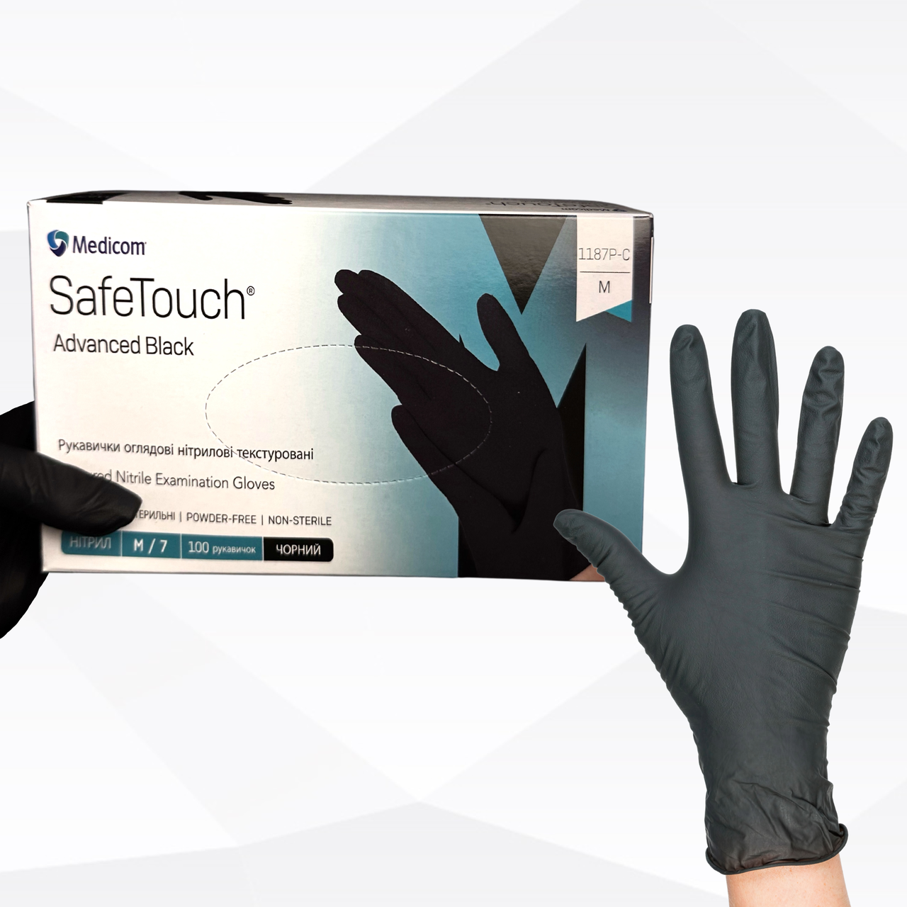50 ПАР Рукавички одноразові розмір М нітрилові без пудри чорні Medicom 100 шт. 3,3 грама (100 шт.), фото 1
