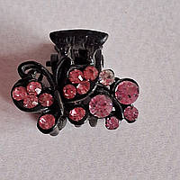 Крабик металлический чёрный бабочки с розовыми стразами 2,5 см