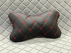 Подушка під голову в машину з Екошкіри. Чорна з подвійним червоним рядком