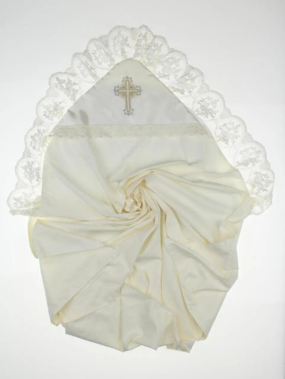 Крижма з мереживом та вишивкою хрестик "Ніжність" 85х85 см Lari Молочний, фото 1