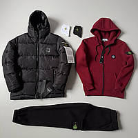 Зимний мужской комплект одежды, утепленный спортивный костюм на флисе+куртка+две пары носков Stone Island